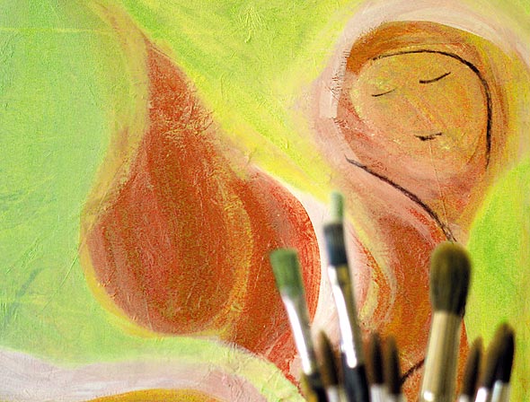 „Ich-Bild“ – Gouache auf Leinwand, Pinsel im Vordergrund